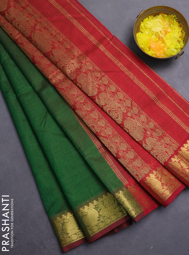 Silk cotton saree green and maroon with allover vairosi pattern and annam zari woven border