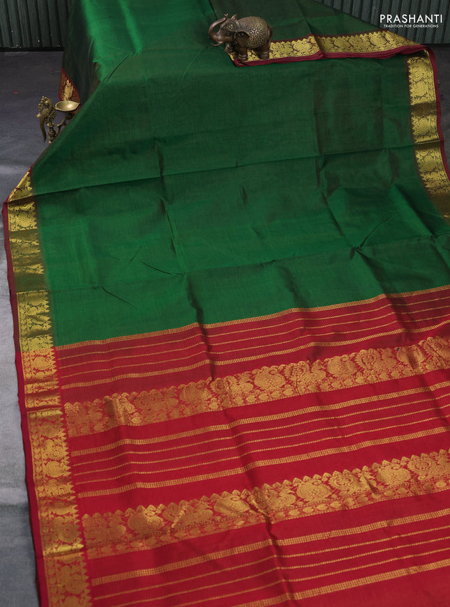 Silk cotton saree green and maroon with allover vairosi pattern and annam zari woven border