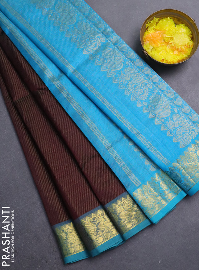Silk cotton saree coffee brown and cs blue with allover vairosi pattern and annam zari woven border