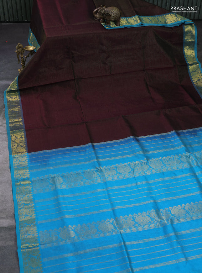 Silk cotton saree coffee brown and cs blue with allover vairosi pattern and annam zari woven border