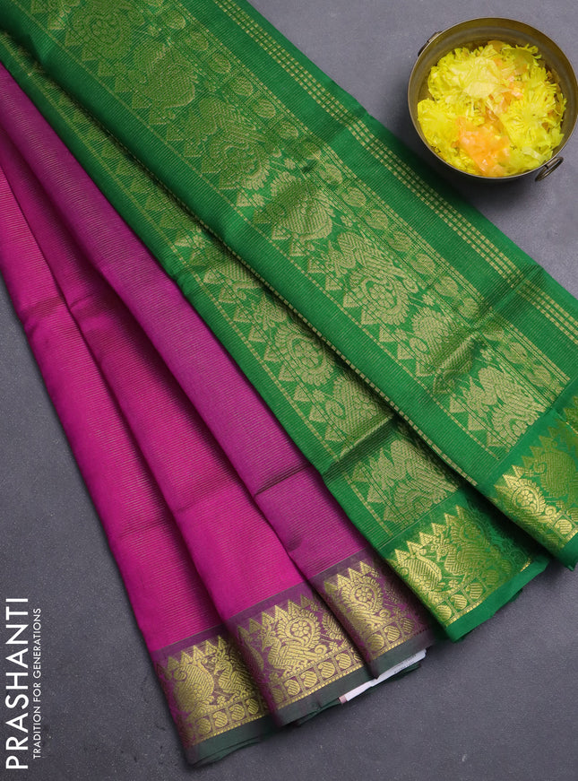 Silk cotton saree pink and green with allover vairosi pattern and annam zari woven border