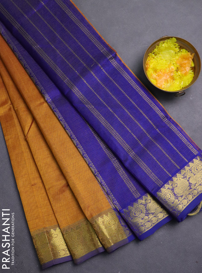 Silk cotton saree mustard yellow and violet with allover vairosi pattern and annam zari woven border