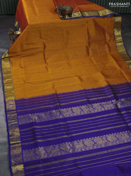 Silk cotton saree mustard yellow and violet with allover vairosi pattern and annam zari woven border