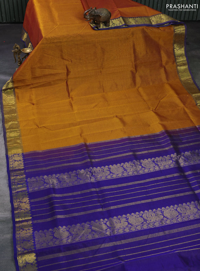 Silk cotton saree mustard yellow and violet with allover vairosi pattern and annam zari woven border