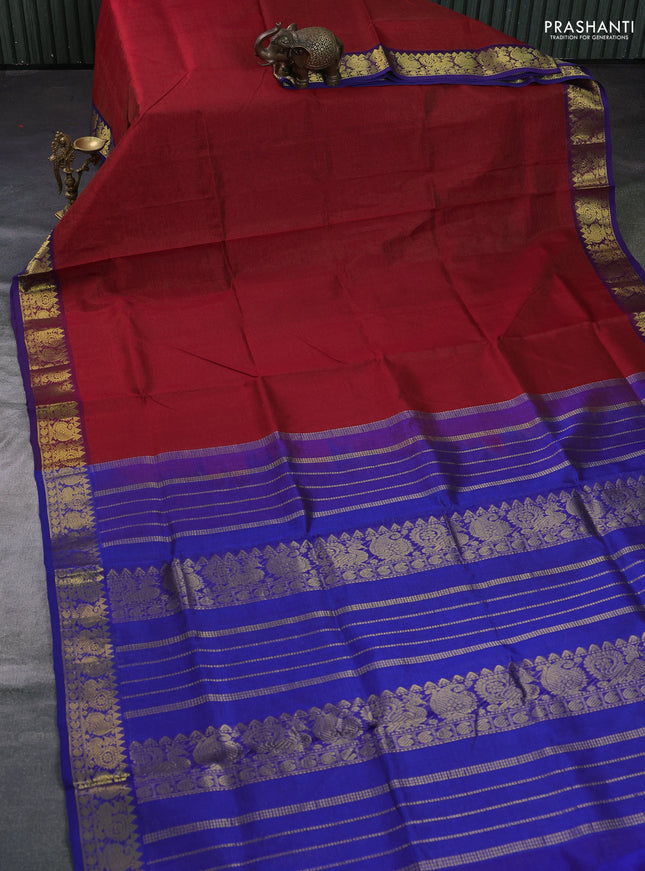 Silk cotton saree maroon and violet with allover vairosi pattern and annam zari woven border