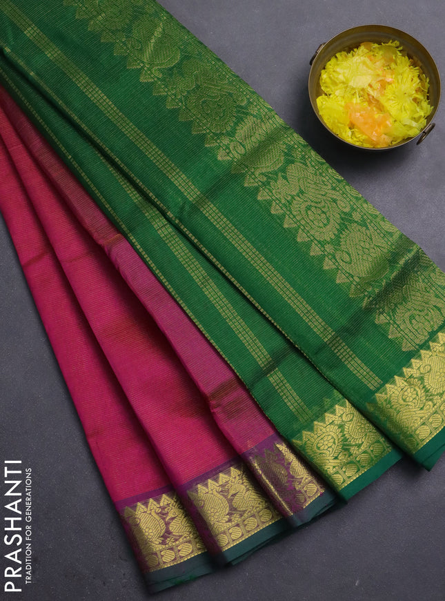 Silk cotton saree pink and green with allover vairosi pattern and annam zari woven border
