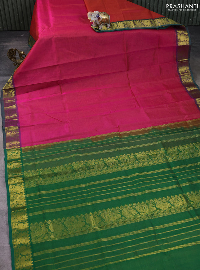 Silk cotton saree pink and green with allover vairosi pattern and annam zari woven border