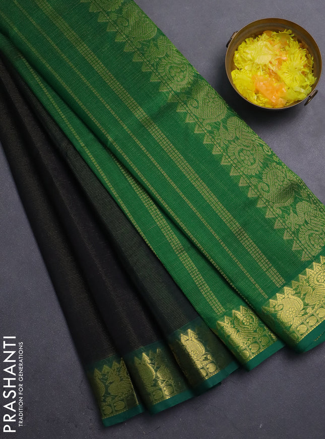 Silk cotton saree black and bottle green with allover vairosi pattern and annam zari woven border