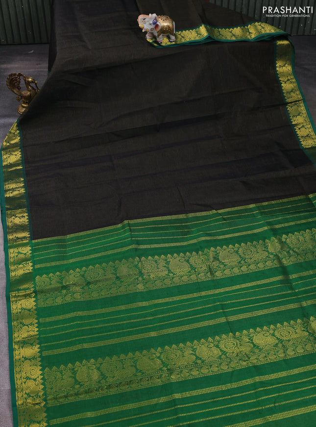 Silk cotton saree black and bottle green with allover vairosi pattern and annam zari woven border
