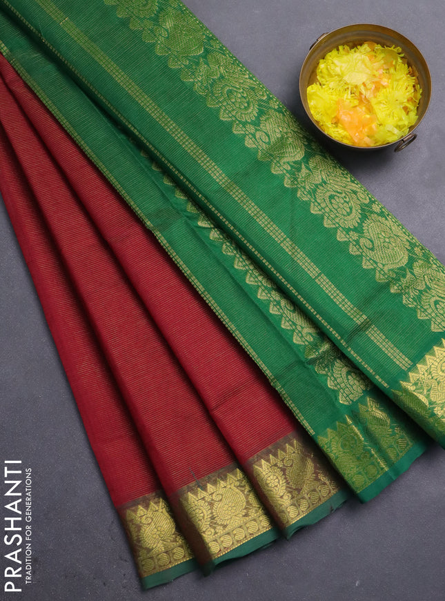 Silk cotton saree maroon and green with allover vairosi pattern and annam zari woven border