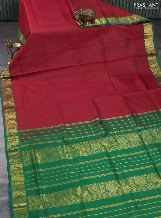 Silk cotton saree maroon and green with allover vairosi pattern and annam zari woven border