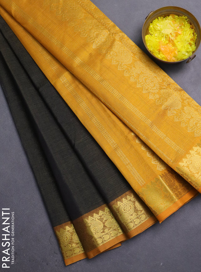 Silk cotton saree black and mustard yellow with allover vairosi pattern and annam zari woven border