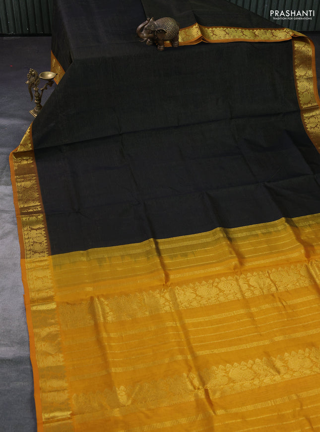 Silk cotton saree black and mustard yellow with allover vairosi pattern and annam zari woven border