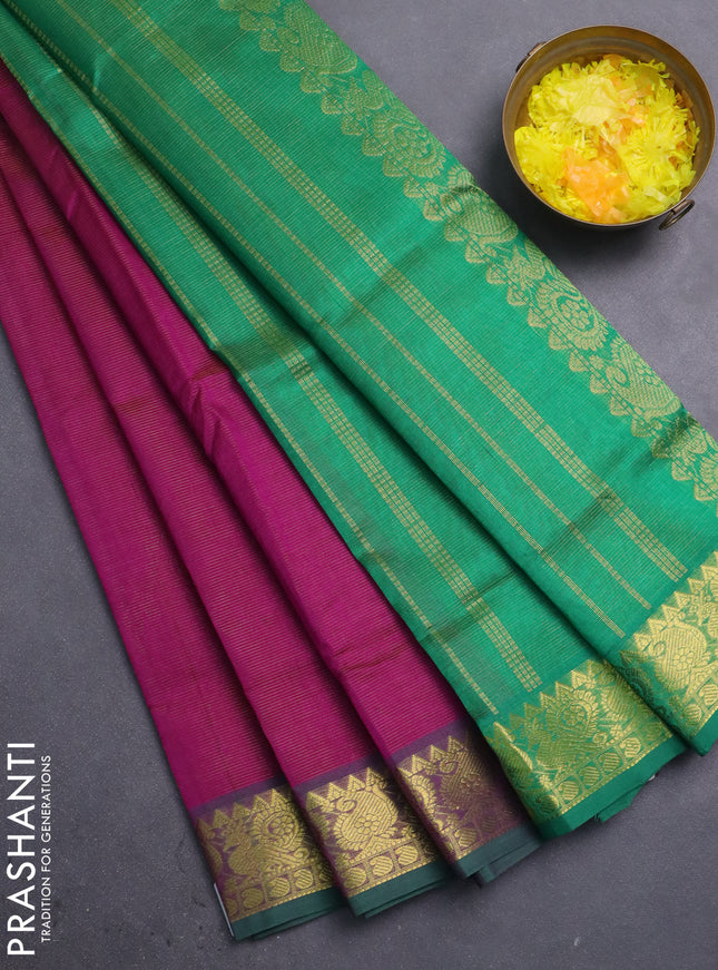 Silk cotton saree purple and green with allover vairosi pattern and annam zari woven border
