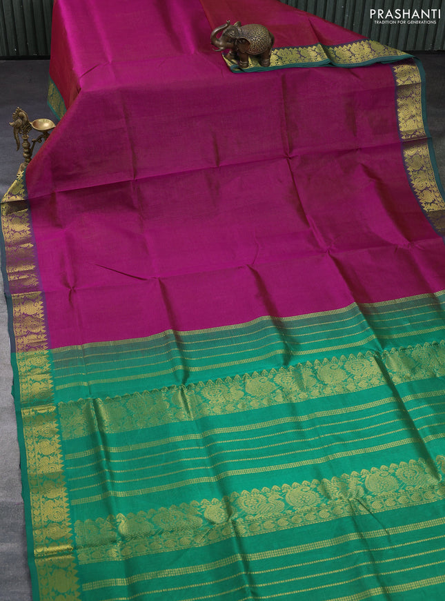 Silk cotton saree purple and green with allover vairosi pattern and annam zari woven border