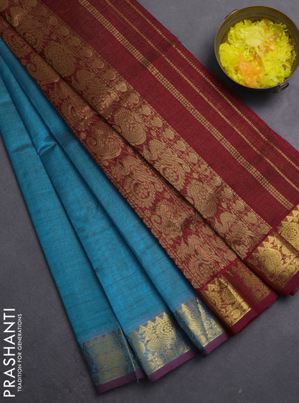 Silk cotton saree cs blue and maroon with allover vairosi pattern and annam zari woven border