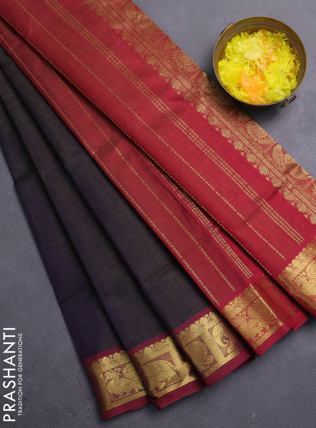 Silk cotton saree deep navy blue and maroon with allover vairosi pattern and zari woven border