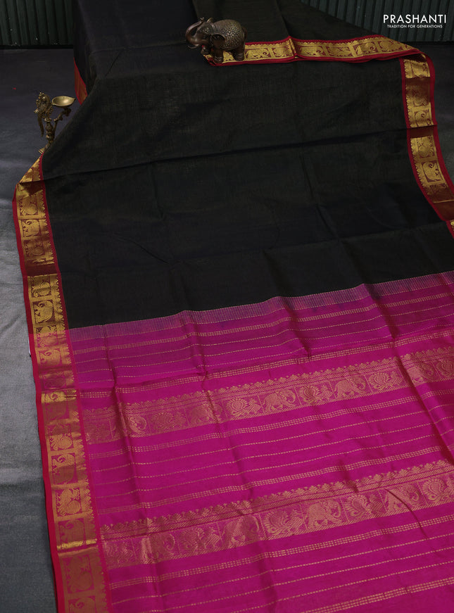 Silk cotton saree black and pink with allover vairosi pattern and zari woven border