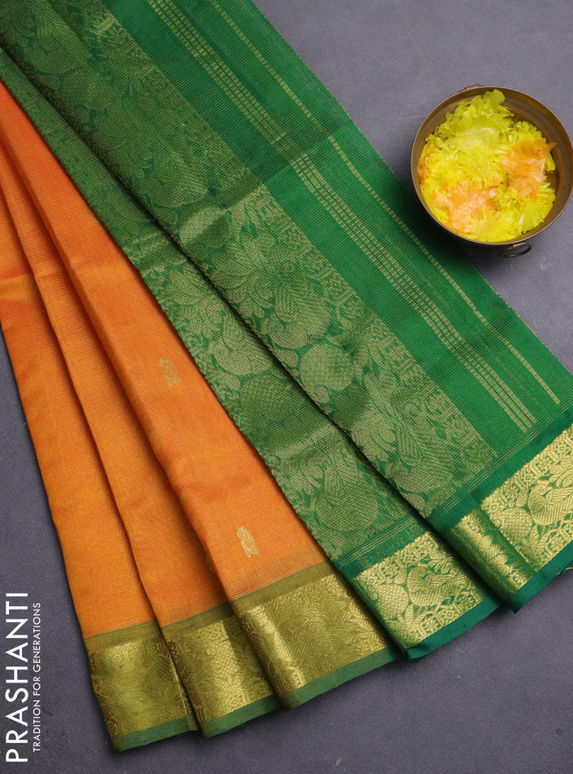 Silk cotton saree orange and green with allover vairosi pattern and zari woven border