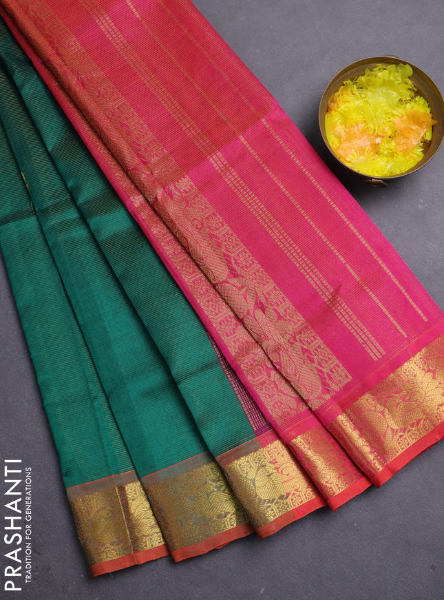 Silk cotton saree green and pink with allover vairosi pattern and zari woven border