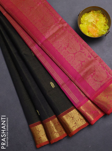 Silk cotton saree black and pink with allover vairosi pattern and annam zari woven border