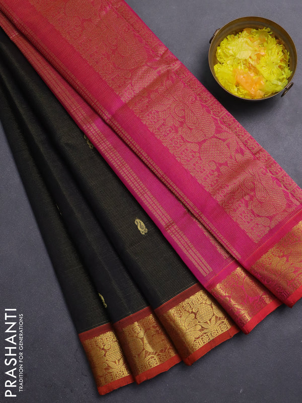 Silk cotton saree black and pink with allover vairosi pattern and annam zari woven border
