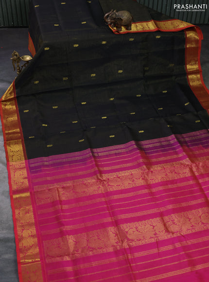 Silk cotton saree black and pink with allover vairosi pattern and annam zari woven border
