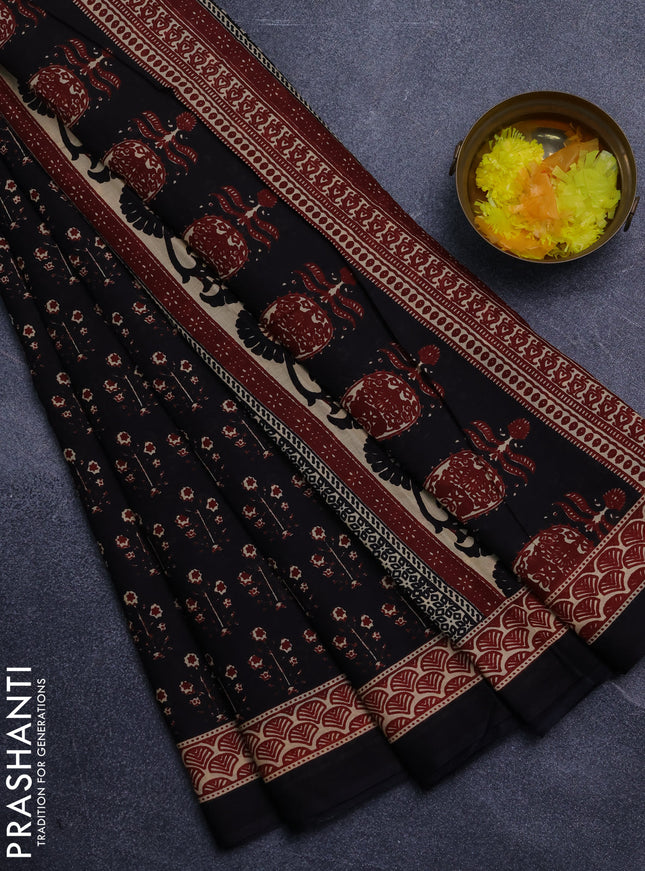 Jaipur cotton saree black and maroon with allover floral buttas and printed border