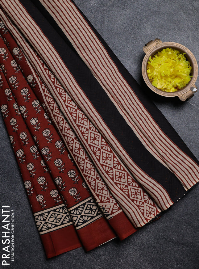 Jaipur cotton saree rust shade and black with allover floral buttas and printed border
