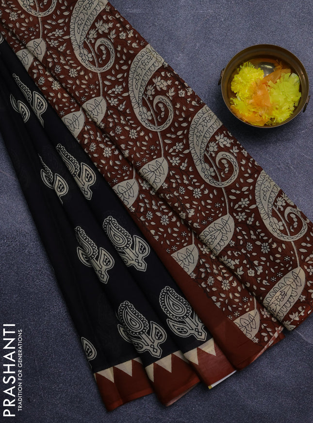 Jaipur cotton saree black and rust shade with paisley butta prints and printed border