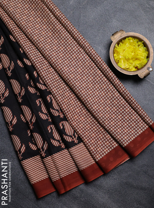 Jaipur cotton saree black and rust shade with paisley butta prints and printed border