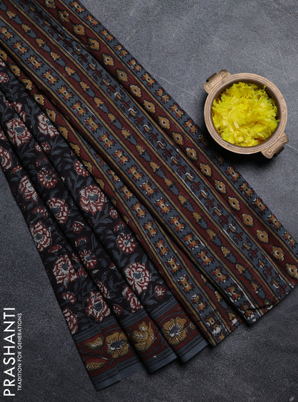 Jaipur cotton saree black and brown grey with allover kalamkari prints and printed border