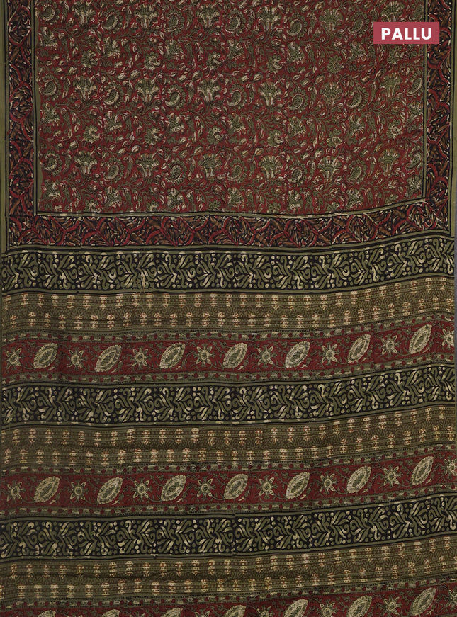 Jaipur cotton saree rust shade and sap green with allover kalamkari prints and printed border