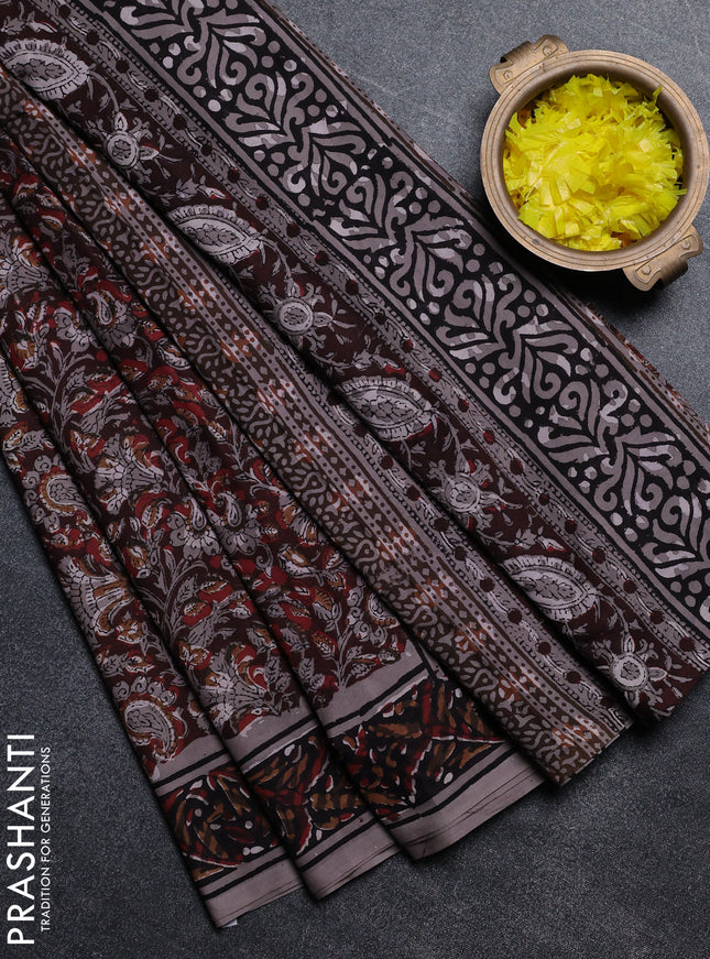 Jaipur cotton saree brown and grey shade with allover kalamkari prints and printed border