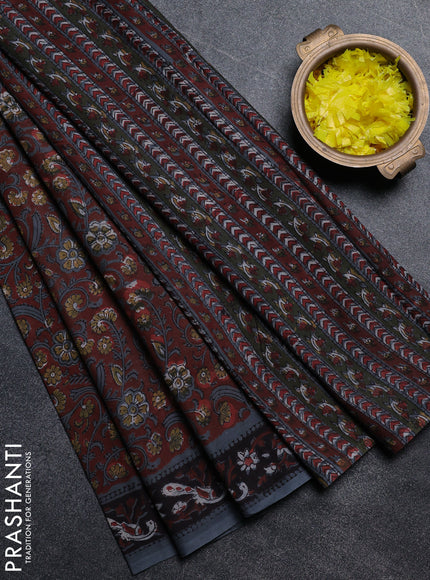 Jaipur cotton saree rust shade and black grey with allover kalamkari prints and printed border