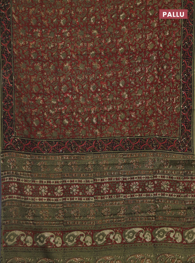 Jaipur cotton saree rust shade and sap green with allover kalamkari prints and printed border