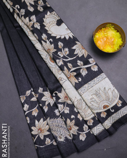 Semi tussar saree black with plain body and embroidered pallu