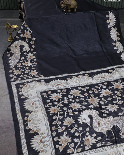 Semi tussar saree black with plain body and embroidered pallu