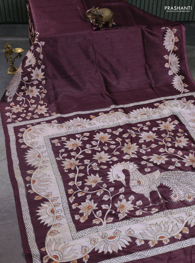 Semi tussar saree maroon with plain body and embroidered pallu