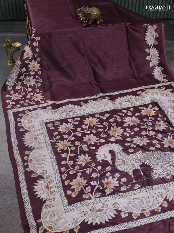 Semi tussar saree maroon with plain body and embroidered pallu