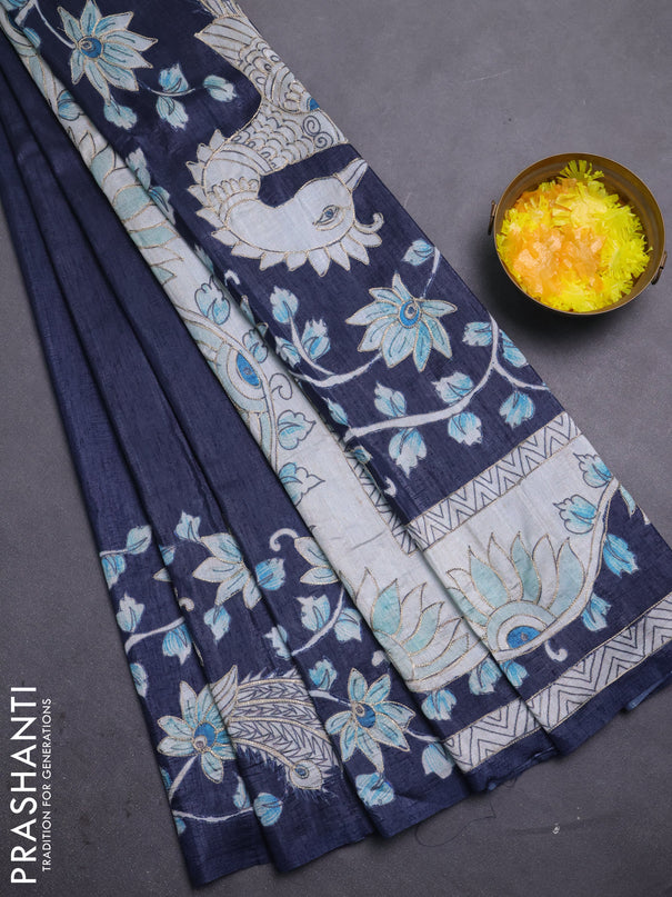Semi tussar saree navy blue with plain body and embroidered pallu