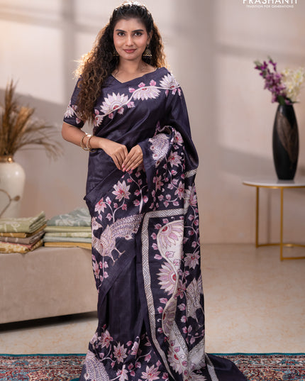 Semi tussar saree black with plain body and embroidered pallu