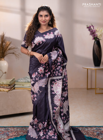 Semi tussar saree black with plain body and embroidered pallu