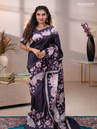 Semi tussar saree black with plain body and embroidered pallu