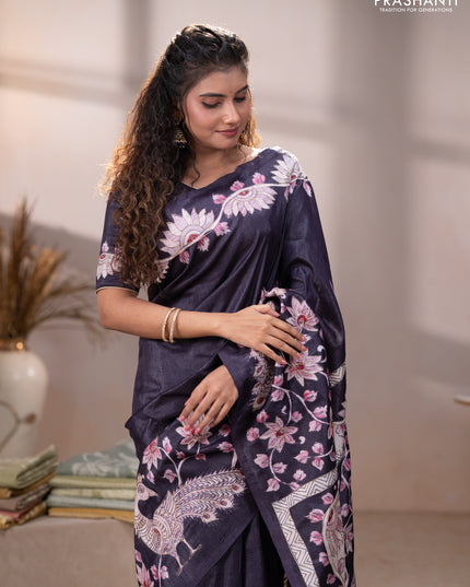 Semi tussar saree black with plain body and embroidered pallu