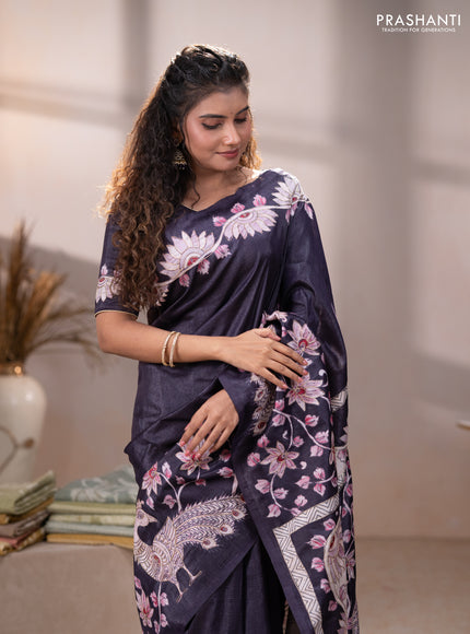 Semi tussar saree black with plain body and embroidered pallu