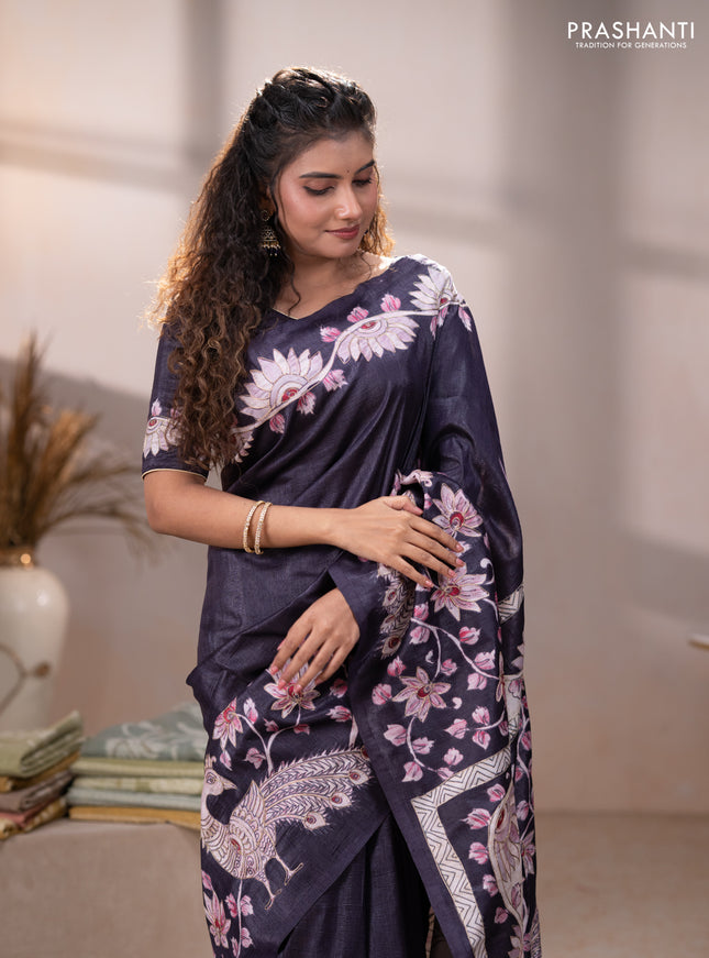 Semi tussar saree black with plain body and embroidered pallu