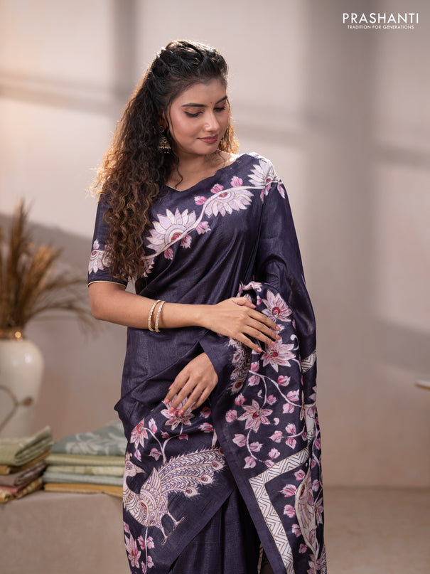 Semi tussar saree black with plain body and embroidered pallu