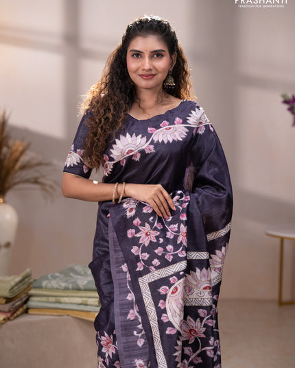 Semi tussar saree black with plain body and embroidered pallu