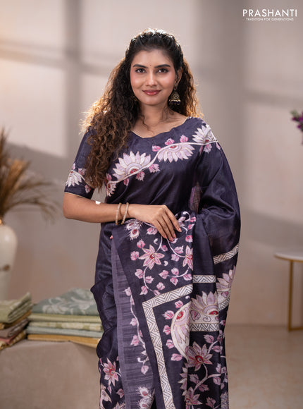 Semi tussar saree black with plain body and embroidered pallu